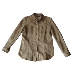 Liz Claiborne Collection Suede Shirt Jacket Button‎ Up Fitted Olive Green